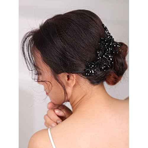 Teyglen Women Dainty Black Rhinestones Crystal Bride Wedding Hair Comb Headband Luxurious Hair Accessories Shiny Black Rhinestones Crystals Bridal Side Hair Combs for Women Bride Girls