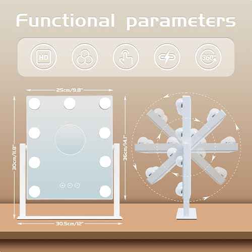 Generic Vanity Mirror with Lights, 9 Dimmable Bulbs, 3 Color Lighting Modes, Detachable 10x Magnification, Touch Control, Tabletop Mount, 3"L x 2"W, White