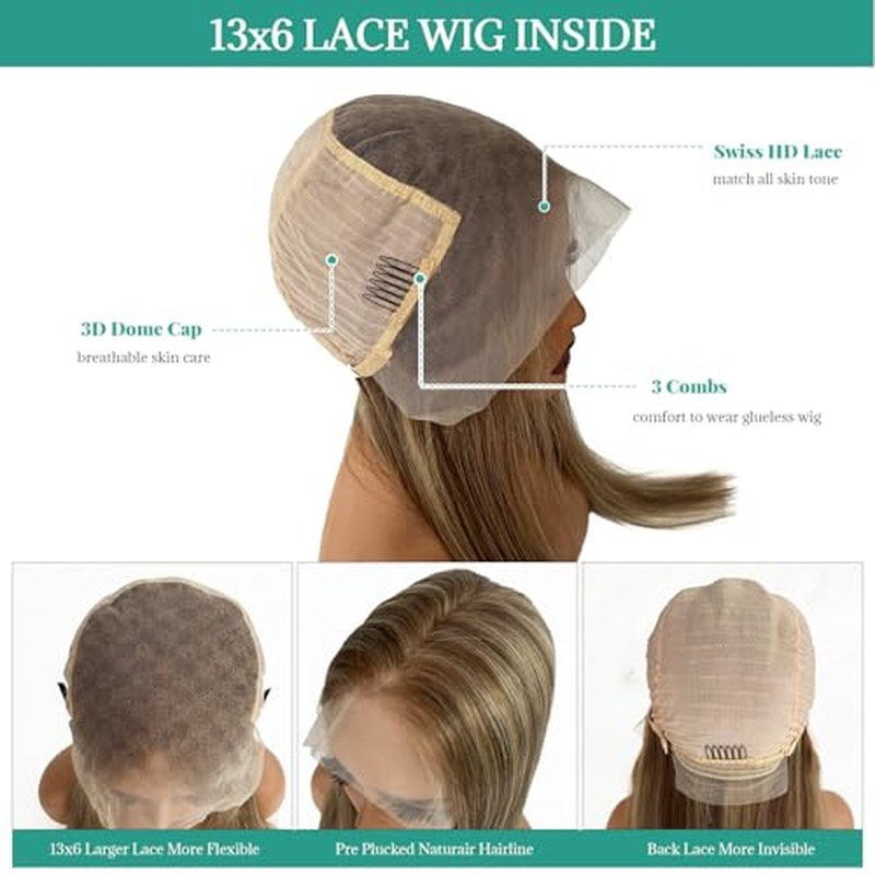 Munx 13x6 Highlight Brown and Blonde Human Hair Wigs, HD Transparent Lace Front Wig with Brown Roots Pre Plucked with Baby Hair for Women Bleached Knots 180% Density 20¡±, Can Be Restyled