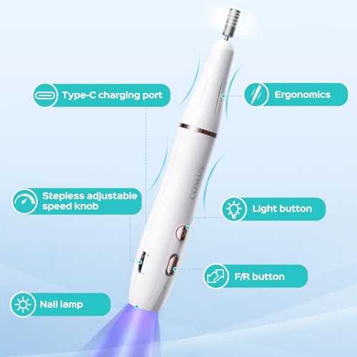 COSLUS Cordless Nail Drill Electric: 2-in-1 Nail File with Flash Cure for Acrylic Gel Dip Powder Nails, Stepless Control for Beginner Home DIY, Portable for Travel, Professional Pedicure Manicure Kit