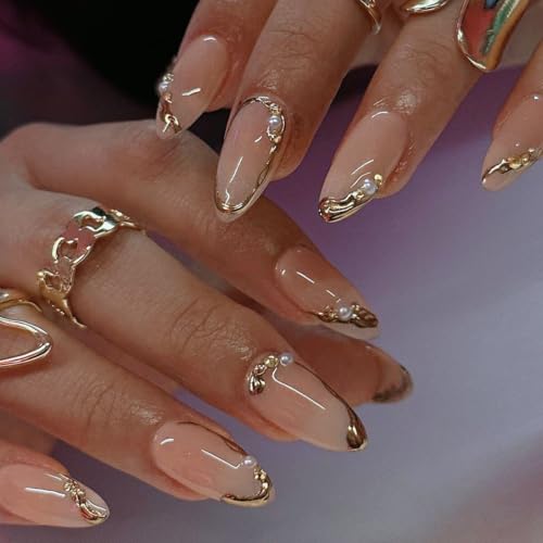 Press on Nails Almond Fake Nails French Tip False Nails with Gold Line Design Glue on Nails Press ons Medium Acrylic Nails Glossy Full Cover Stick on Nails for Women Manicure 24Pcs