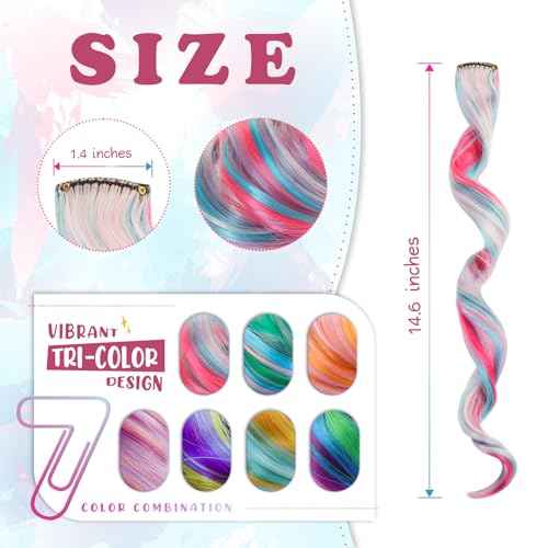 Colored Hair Extensions for Kids, Curly Hair Extensions Clip ins, Little Girl Hairpieces for Birthday Party, Festival, Goodie Bags, 14 PCS