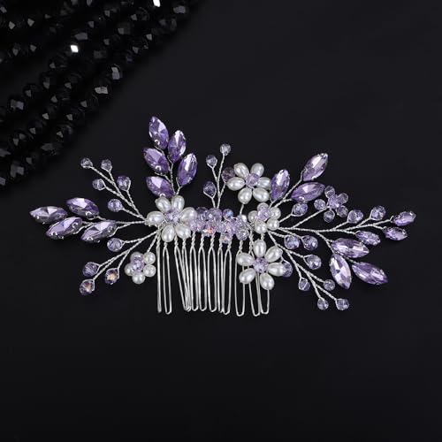 Teyglen Flower Pearl Bride Wedding Hair Comb Purple Crystal Hair Comb Bridal Hair Piece Decorative Hair Accessories for Bride Rhinestone Headpiece for Women Grils (Purple)