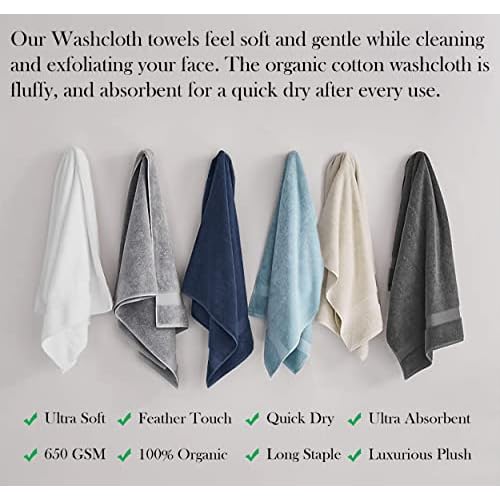Delara Organic Cotton Luxuriously Plush Washcloths Pack of 6 | GOTS & Oeko-TEX Certified | Premium Quality Face Towels | Feather Touch Technology|650 GSM Long Staple|Soft, Quick Dry & Ultra-Absorbent