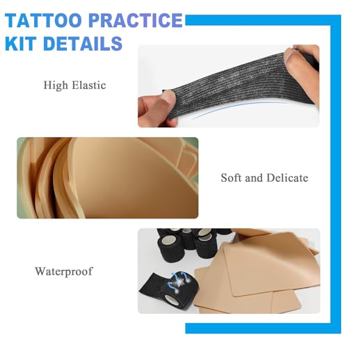 3MM Tattoo Fake Skin and Grip Tape Kit - 17Pcs 3MM Fake Tattoo Skin Practice and Grip Wrap Kit Including 5pcs 3MM Thick Tattoo Skin and 12pcs Self Cohesive Bandage Elastic Machine Tape for Beginners