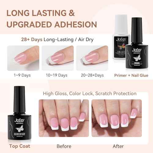 Jofay Fashion French Tip Kit, Press On Nails 240Pcs Spring Pink Square Short, Pre-Base & Pre-made Tips, Acrylic Glue on Nails