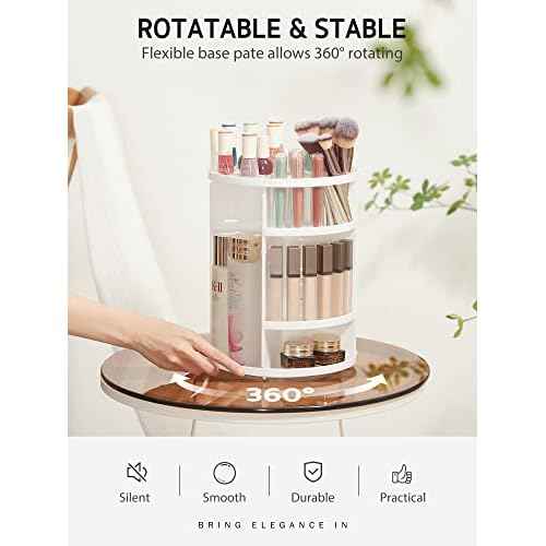 Syntus 360 Rotating Makeup Organizer, DIY Adjustable Bathroom Makeup Carousel Spinning Holder Rack, Large Capacity Cosmetics Storage Box Vanity Shelf Countertop, Fits Makeup Brushes, Lipsticks, White