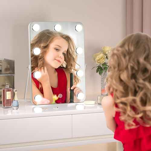 Hasipu Vanity Mirror with Lights, Hollywood 10" x 14" LED Makeup Mirror, 3 Modes Light, Smart Touch Control Dimmable, 360¡ÆRotation, Rounded Rectangle White Frame