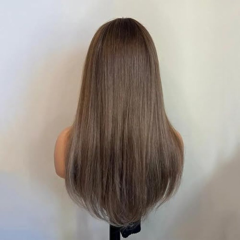 20'' Chocolate Brown Silky Straight Lace Front Wig with Dark Roots Glueless Pre plucked Bleached Knots Ombre Lace Front Wigs Human Hair Auburn Transparent HD Lace Wigs with Baby Hair for Black Women