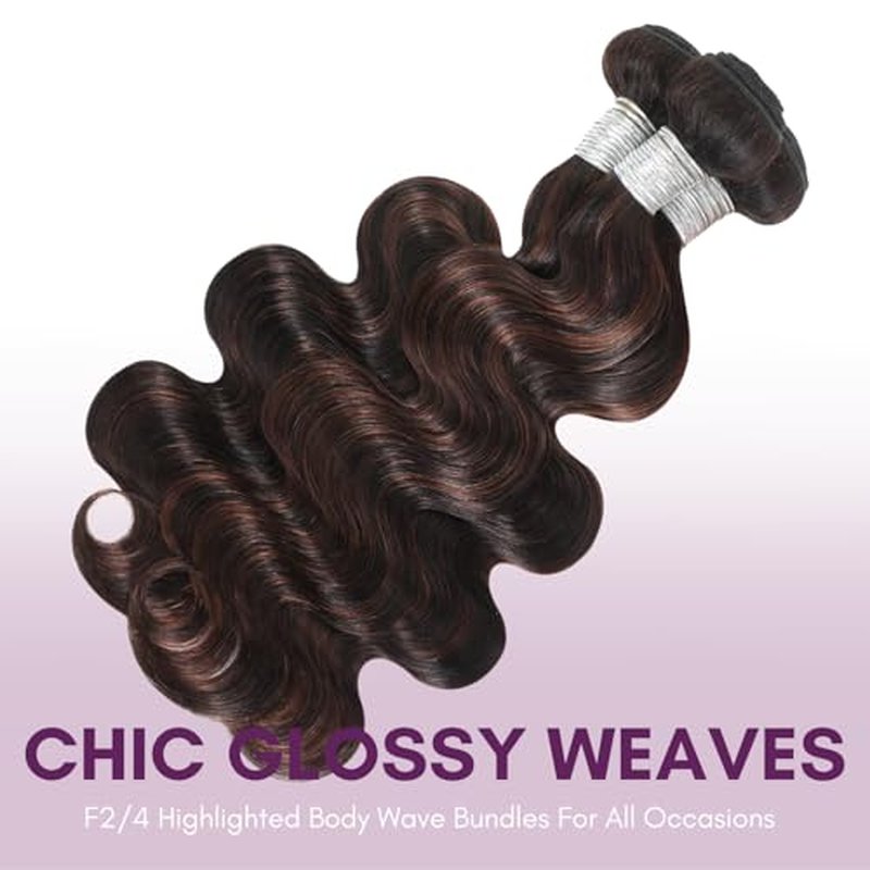 Brown Highlight Body Wave 3 Bundles Human Hair, 100% Virgin Real Hair Wavy 12A Weave #F2/4 2-Tone Dark Brown with Chestnut Streaks Ombre Human Hair Bundles 3pcs Thick Track Sew in 12 14 16 Inch