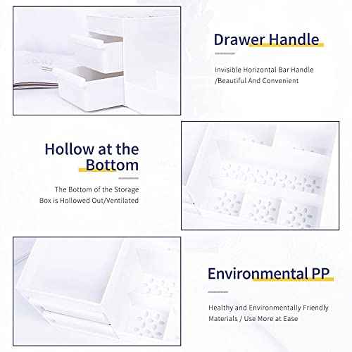 Makeup Desk Organizer with Drawers, Countertop Organizer for Cosmetics, Vanity Holder for Lipstick, Brushes, Lotions, Eyeshadow, Nail Polish and Jewelry (White)