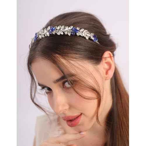 Blue and Silver Rhinestone Headband Crystal Rhinestone Hairband Silver Wedding Hair Accessories Teardrop Rhinestone Wedding Headband for Women