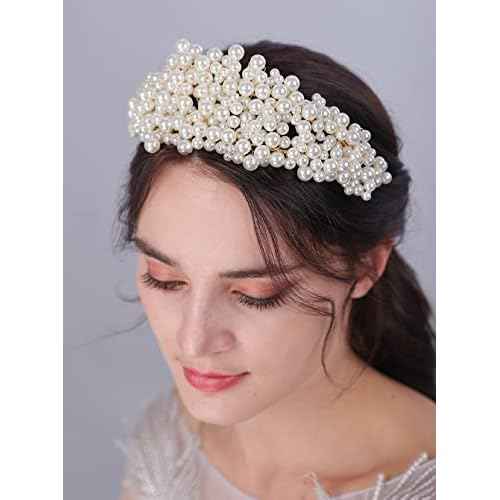 JWICOS Wedding Pearl Headbands for Brides and Bridesmaid Bridal Pearl Tiara Crown Headpieces for Women and Girls Princess Wedding Hair Accessories for Prom Pageant Dancing Ball