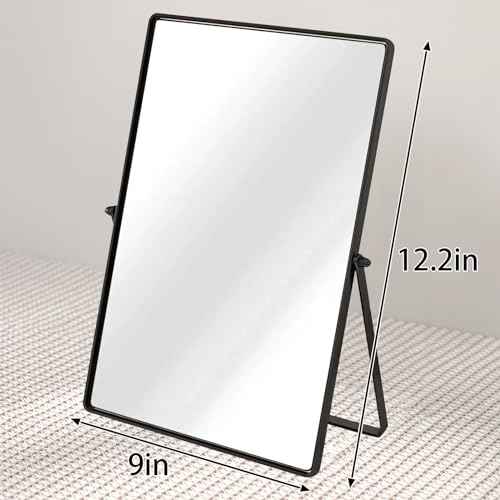 Desktop Makeup Mirror with Black Metal Standing 90¡Æ Rotation Vanity Table Mirror Portable Cosmetic Mirror for Dressing Room Bedroom Bathroom Rectangle