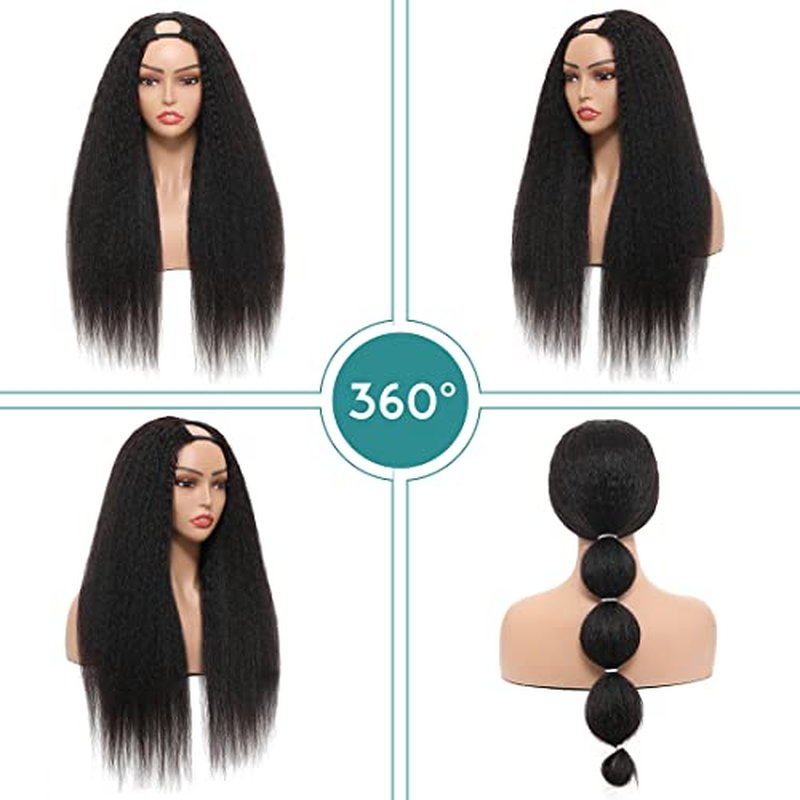 U Part Kinky Straight , 16 inch Italian Upart Half Remy Yaki Straight Wigs for Black Women Human Hair Upgraded U Shape Clip in
