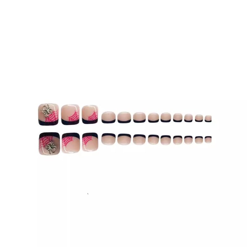 48pcs Long Coffin Press on Nails and Toes Nails Halloween French Tip Black Fake Fingers Toe Nail Tips Press ons Spider Charm Glue on Toe Nails Square Ghost Summer False Toe Nails for Women and Girls