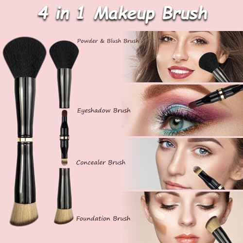 2 Pcs 4 in 1 Makeup Brush Set - Travel Size Powder/Blush, Foundation, Blending, Eye & Lip Brushes