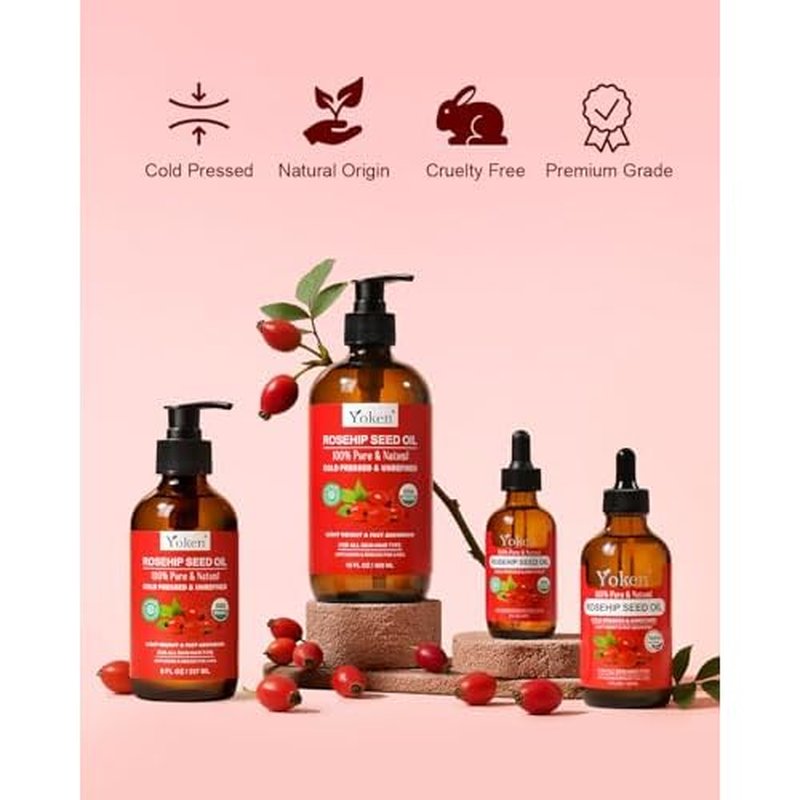 Organic Rosehip Seed Oil, USDA 100% Pure Rosehip Oils for Face, Hair & Body, Large Glass Bottle 16 fl oz Cold Pressed Rose Hip Oil for Skin Care, Moisturizing, Massage, Gua Sha & DIY Blends