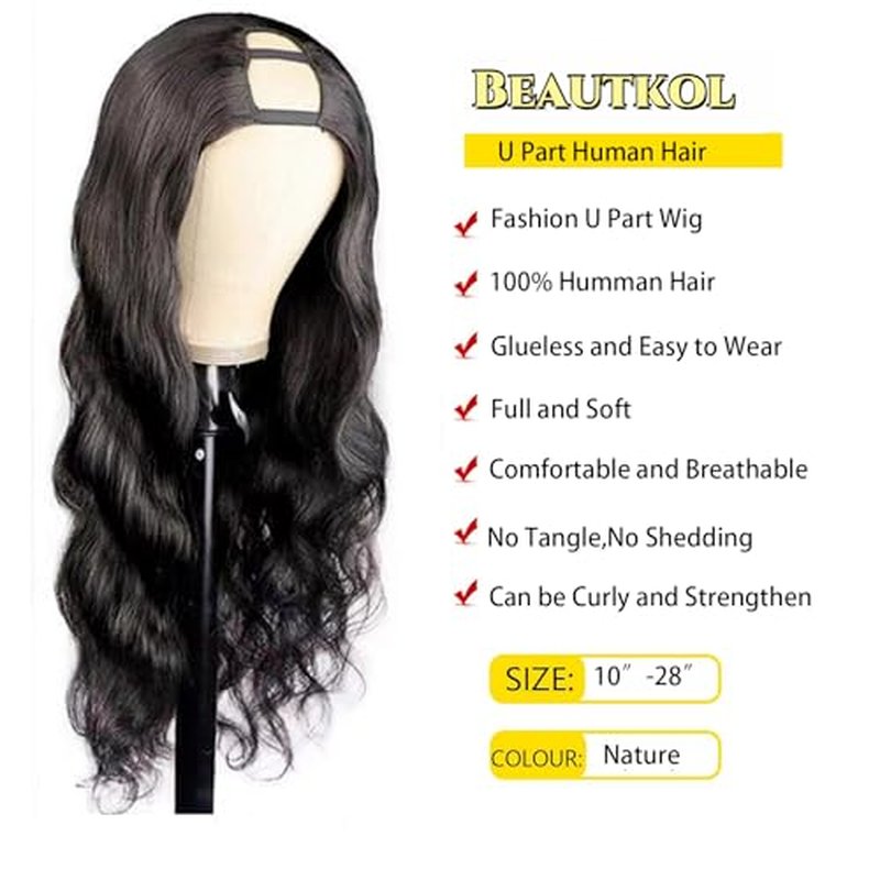 U Part Human Hair Wig Body Wave Brazilian Virgin Hair Glueless Wigs Human Hair 180% density U Part Wig for Black Women Clip In U Part Wig Human Hair Upart half wig Natural Black Color 22 inch