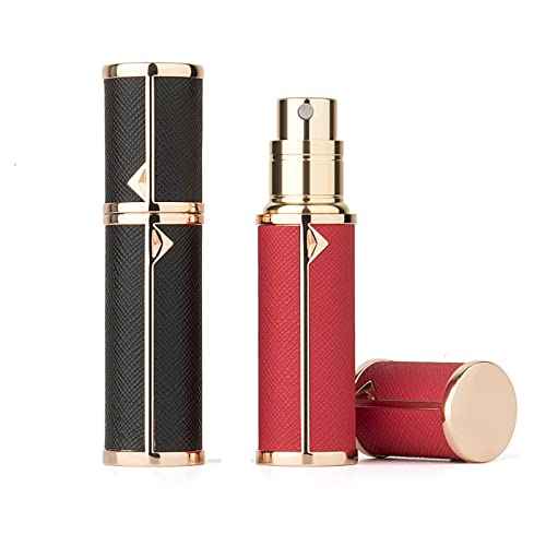 Refillable Perfume Bottle Atomizer for Travel,2Pcs 5ML Empty Perfume Spray Fine Mist,Mini Luxury Leather Refill Pump Case,for Man and Woman (2pcs Black+Red)