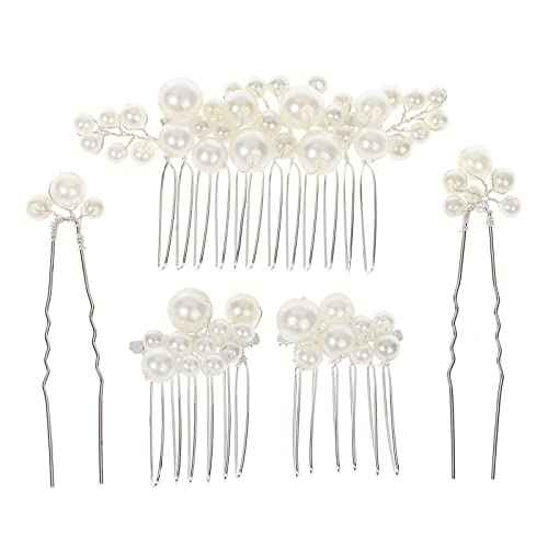Wedding Pearl Hair Combs Set of 5 PCS - Elegant Hair Accessories for Bridal Women (Silver)