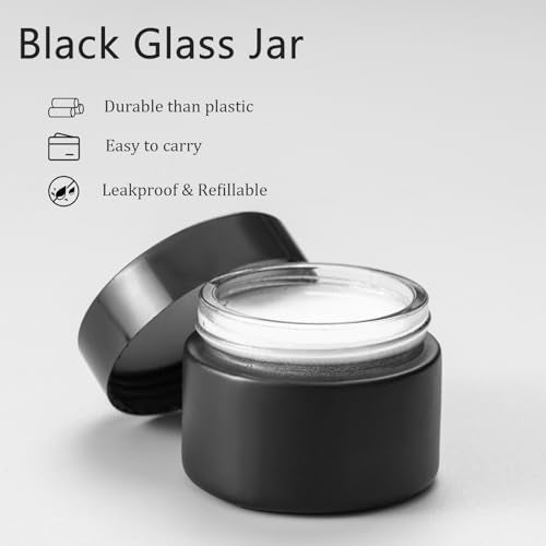 OverNews 2oz Black Glass Jar Travel Size, 45PCS Empty Cosmetic Lotion Container with Black Lid & Spatula, Small Mini Jar for Beauty