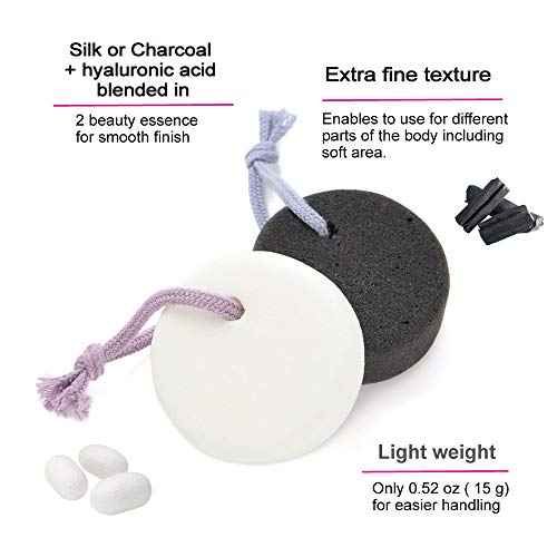 Pumice Stone for Feet, Body, Hands [Made in Japan] Silk or Charcoal Plus Hyaluronic Acid Essence Blended for Extra Fine Smooth Finish, Soft Foot Pumice Scrubber (2 pcs Set (Charcoal and Silk))
