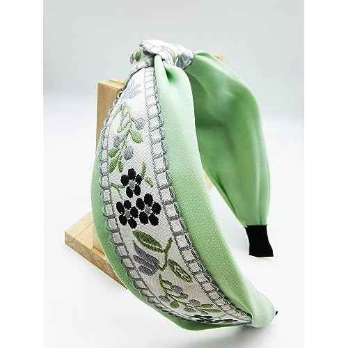 Boho Knotted Green Headband with Handmade Lace Embroidery Floral Headband for Girls Womens