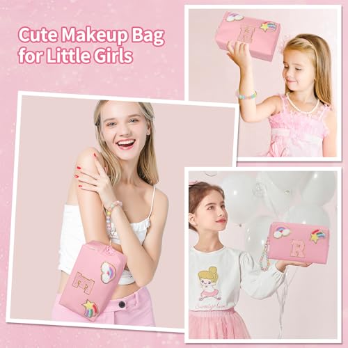 Personalized Initial Makeup Bag, Birthday Gifts for Girls 4 5 6 7 8 9 10 11 12 13 14 15 Years Old, Cute Cosmetic Bag Small Toiletry Bag Travel Make Up Organizer, Gift for Teen Girl Women Friend, Pink