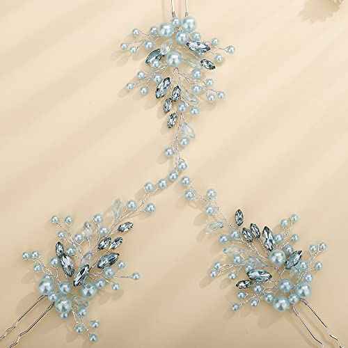 Teyglen Hair Pins Set, Women Dainty Pearl Crystal Hair Pins, Mint Green, Vintage Style, Rhinestone and Pearl Headpieces, Jewelry Accessories for Women and Girls, 3 Pieces
