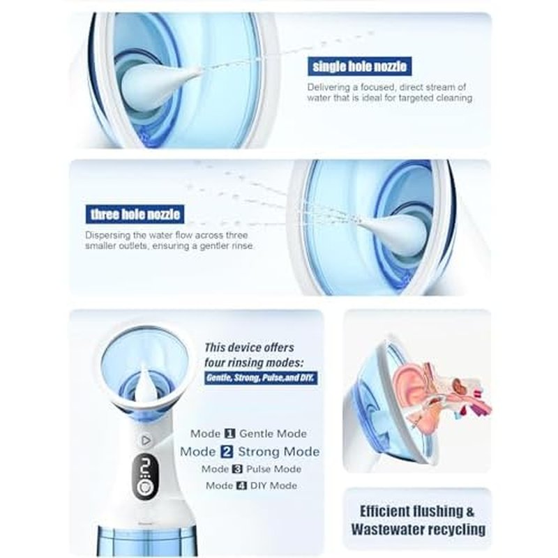 Electric Ear Wax Removal with One-Piece Waste Tank, Water Powered Ear Cleaner with 4 Pressure Modes for Earwax Remove at Home, 4 Tips, USB-C Cable, IPX7 (Blue)