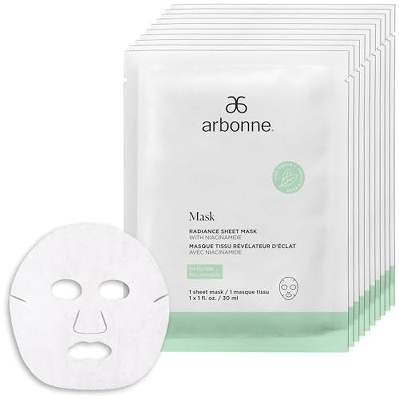 Arbonne Radiance Face Sheet Mask - Sheet Face Mask with Niacinamide for Dry and Dull Skin, Enhance Brightness, Tone, Smooth and Hydrate Skin - 10 Pack