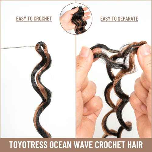 ToyoTress Ocean Wave Crochet Hair - 9 Inch 8 Packs Black Mix Brown Highlight Short Curly Hair Ocean Wave Braiding Hair, Synthetic Hair Extensions (9 Inch, P1B/30-8P)