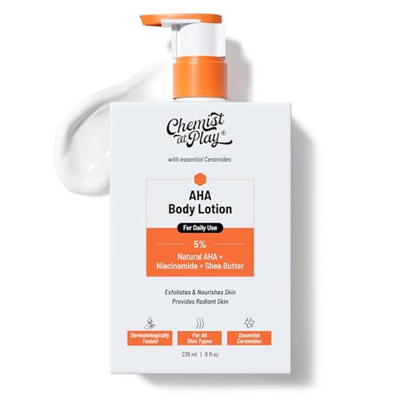Chemist at Play AHA Body Lotion with 5% Natural AHA, Niacinamide, Shea Butter | For Exfoliating Dry & Dead Skin Cells, Deep Nourishment & Radiant Skin | Skin Brightening Lotion | 236ml