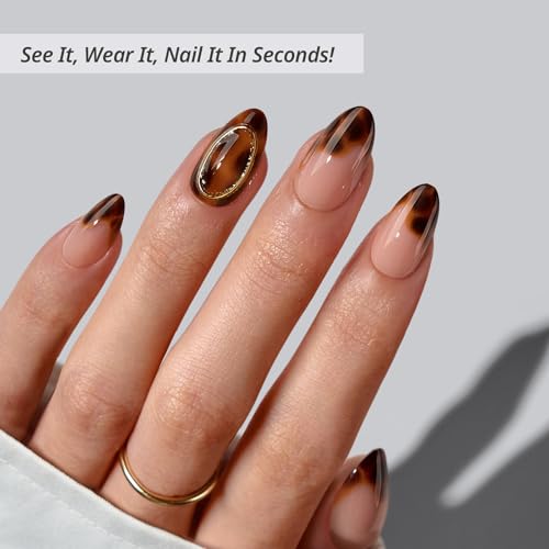 BTArtbox Press On Nails Almond - Amber Hoops, Tortoise Shell Short French Tip Press On Nails with Glue and Adhesive Tabs for Women, Soft Gel Glue On Nails in 16 Sizes - 32 Stick On Nails Kit
