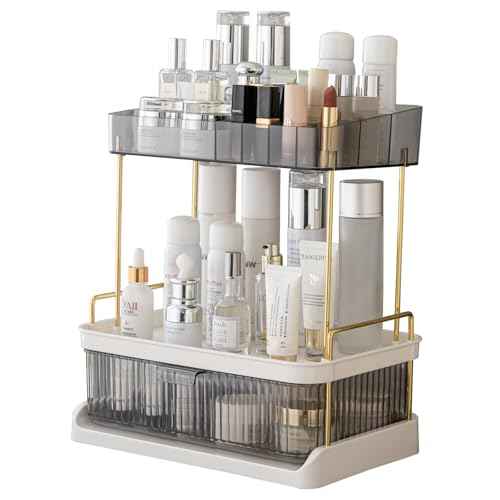 YCIA & DONE Bathroom Counter Organizer, Multi Makeup, Skincare, Perfume, Cosmetic, Vanity Countertop Organizer - Large Capacity, 2 Tier with Drawer - Easy to Install, Clean, Smoky Gray