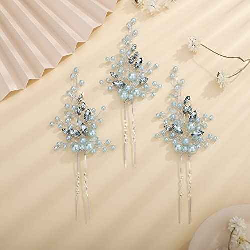 Teyglen Hair Pins Set, Women Dainty Pearl Crystal Hair Pins, Mint Green, Vintage Style, Rhinestone and Pearl Headpieces, Jewelry Accessories for Women and Girls, 3 Pieces