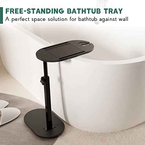 Bamboo Bathtub Tray Table with Adjustable Height, Freestanding Bathtub Caddy for Tub Against Wall, Tub Organizer Suitable for Luxury Spa and House Warming - Patent Protected (Black)