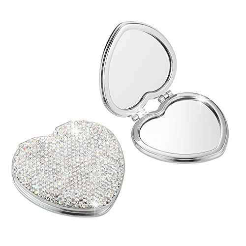 AsAlways Rhinestone Compact Pocket Mirror Portable Travel Cute Cosmetic Mirror Folding Handheld Double-Sided 1x/2x Magnifying Purse Mirror (Silver)
