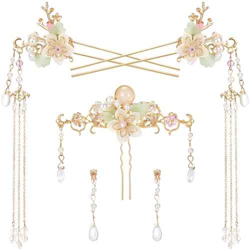 5PCS Orchid Flower Tassels Hairpin, Crystal Rhinestone Pearl Hair Clips Headpiece Retro Chinese Hanfu Floral Wedding Brides Hair Accessories Jewelry for Women Girls Updo Long Hair
