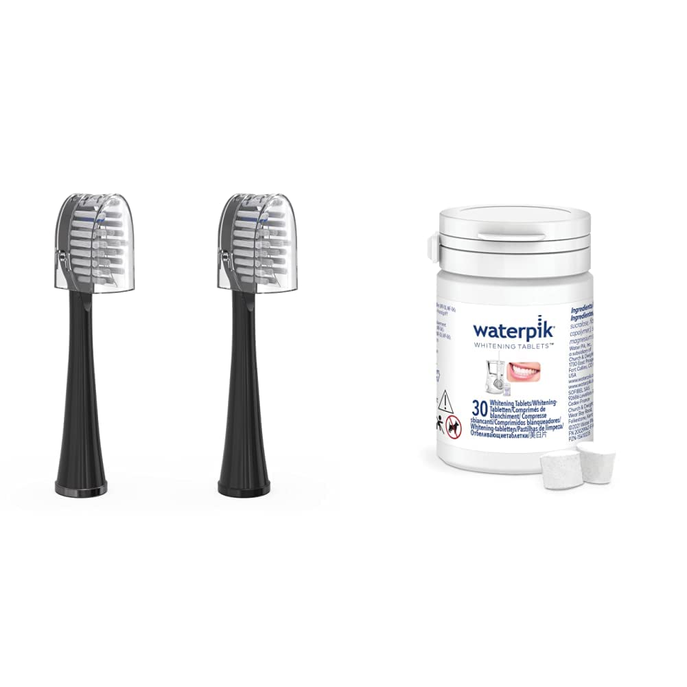 Waterpik Full Size Brush Heads with Covers for Toothbrush, Black, Pack of 2 & Whitening Water Flosser Refill Tablets for Whitening Flosser, Pack of 30