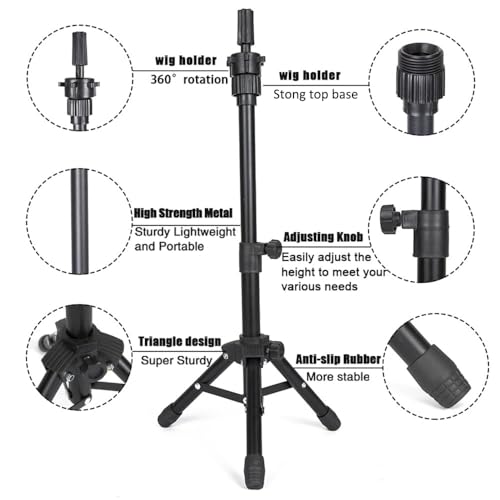 25 Inch Wig Stand Tripod, Adjustable Mannequin Head Stand, Wig Head Stand for Training Heads And Canvas Block Head (Mannequin Head Not Included)