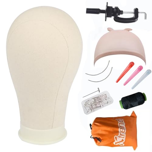 XTREND 21"-24" Canvas Block Mannequin Head for Making Weft/Wig/Hair Extension, Display Styling Mannequin With Wig Stand Set, Manikin Canvas Hair Accessories 22 Inch