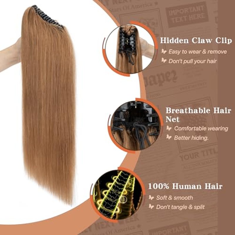 Claw Clip In Ponytail Extension, 100% Human Hair Ponytail Extension, No Tangle & Smooth, 115g, 18 Inch #Light Brown