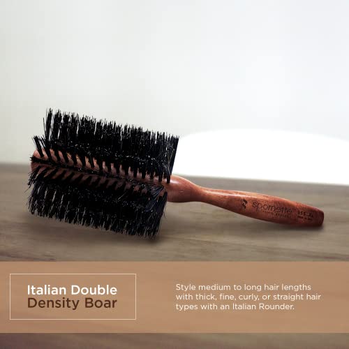 Spornette Italian XL Rounder Hair Brush - Round Double Density Boar Bristle Brush With Wooden Handle For Blow Drying, Styling, Volumizing, Straightening And Curling Medium To Long Hair (3 Inch)
