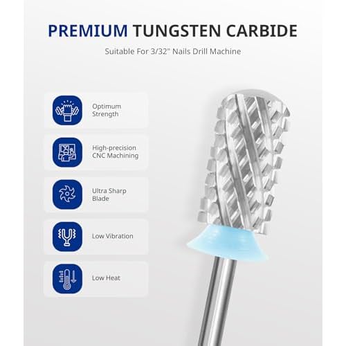 AIRSEE Tungsten Carbide Acrylic Nail Drill Bit Efile Electric File Machine Head Tip for Manicure Polishing Art Remove Gel 3/32" 2 Way Beginner Safety Round Top Cylinder Barrel 4X Coarse-4XC