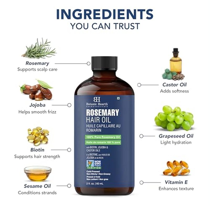 Botanic Hearth 100% Pure Rosemary Oil For Hair Growth | Infused with Biotin, Jojoba & Castor Oil | Hair Oil Repairs Dry Damaged Hair, Strengthening, Healthier - Hair Tonic, 2 fl oz