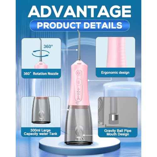 JTF Water Dental Flosser Picks for Teeth - 4 Modes Cordless Oral Irrigator, 300ML Portable Water Flosser & Rechargeable IPX7 Waterproof Water Teeth Cleaner for Home Travel with 9 Jet Tips (Pink)