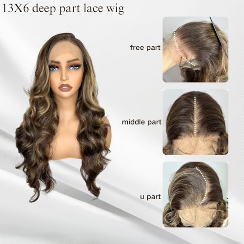 Ombre Brown Highlight Lace Front Wigs 13X6 Body Wave Synthetic Lace Front Wig For Black Women Highlight Wavy Wigs HD Glueless Lace Frontal Wigs Free Part Ready To Wear Wig