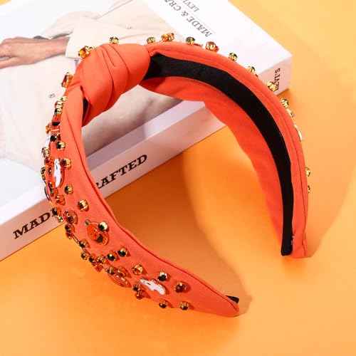 Halloween Headband for Women Spooky Pumpkin Spider Ghost Headband Jeweled Rhinestone Crystal Knotted Headbands Embellished Wide Top Knot Headbands Halloween Hair Accessories Gifts (Ghost&Pumpkin)